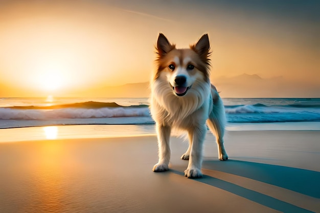 a dog is standing on a beach with the sun setting behind him.