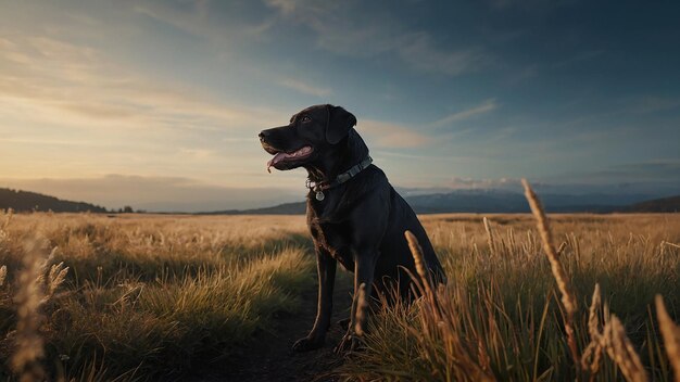 a dog is standing in a field with the sun behind him