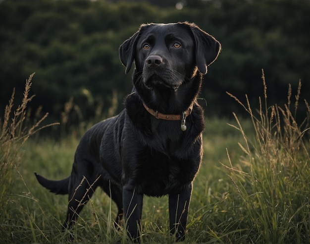 Foto un cane è in piedi in un campo con l'erba alta