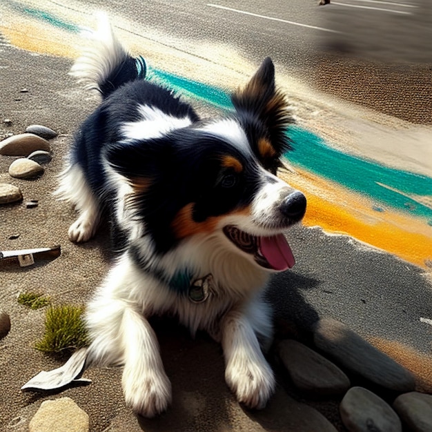 A dog is standing on the ground with rocks on the ground.