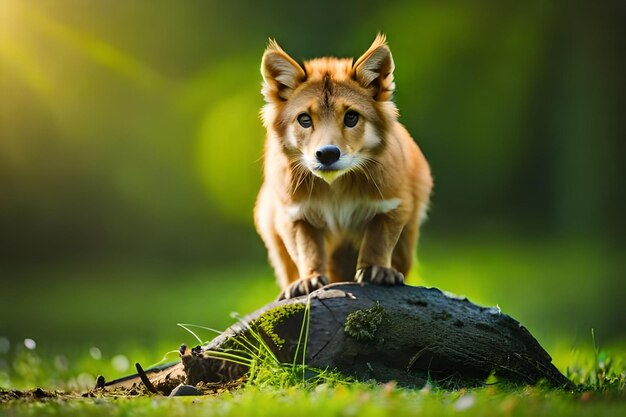 Photo a dog is standing on a log in the grass