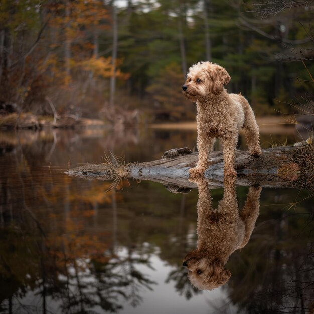 水の中の木の反射で犬が水の中の丸太の上に立っています