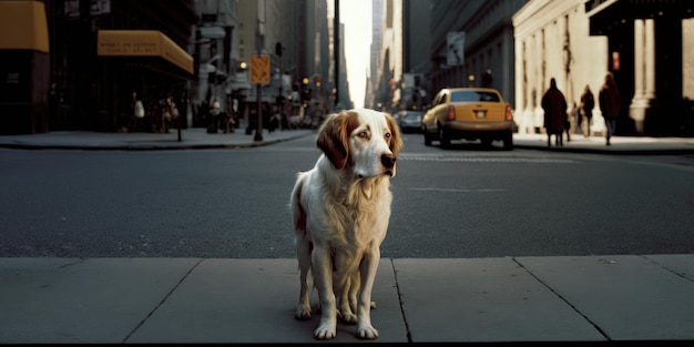 A dog is standing on a sidewalk in front of a building with a yellow taxi