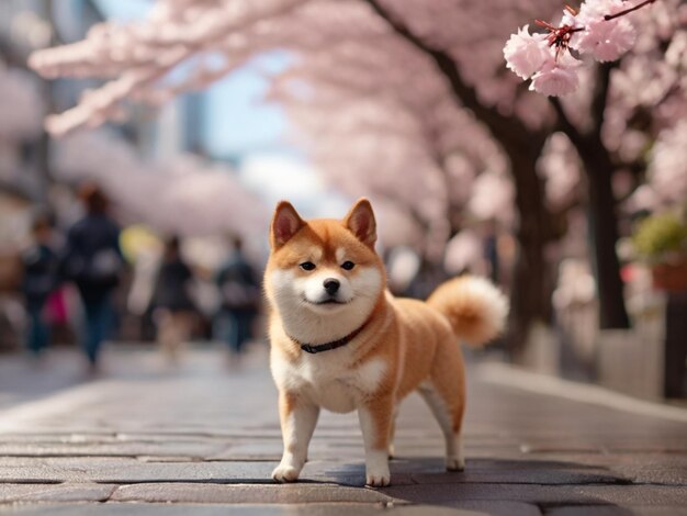 개 한 마리가 돌로 된 산책로 위에 서 있고, 배경에는 체리 꽃이 피고 있다.