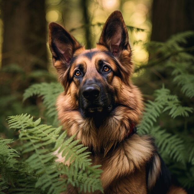 a dog is standing in the woods with a fern in the background