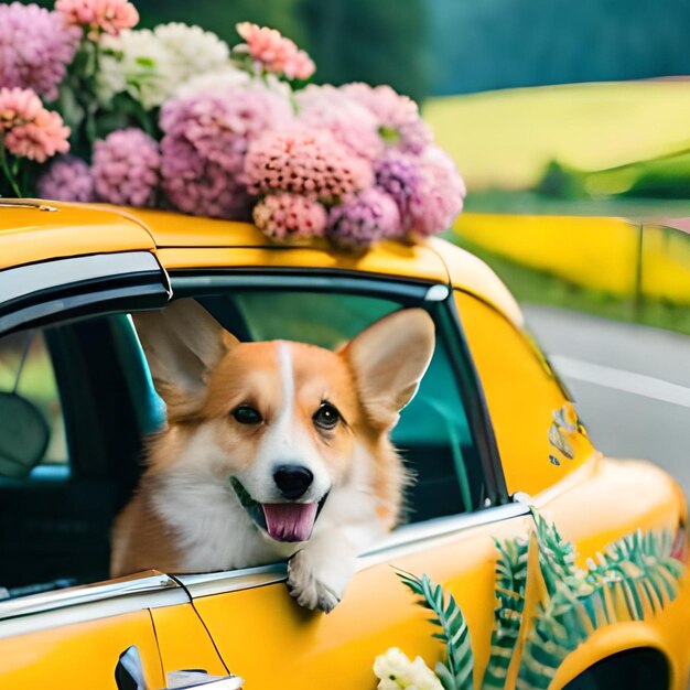 A dog is sticking its head out of a car window with flowers on the roof