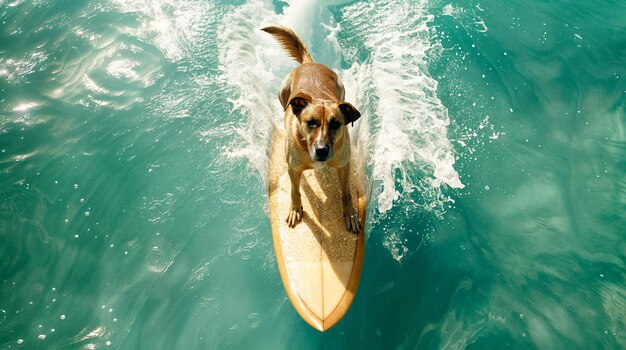 Photo a dog is surfing in the water with a surfboard