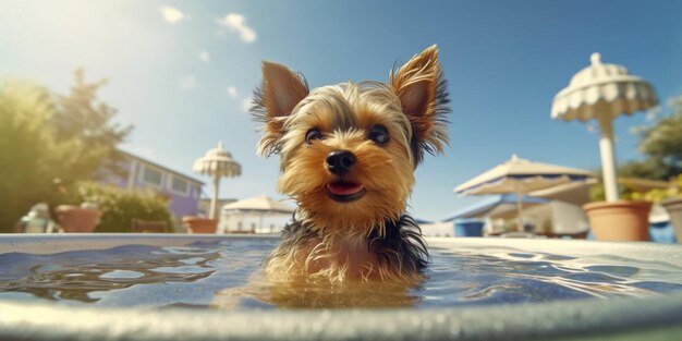 A dog is swimming in a pool with a blue sky in the background.