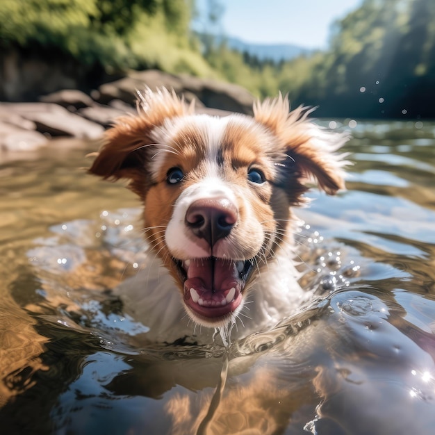 A dog is swimming in a river with the sun shining on its face.