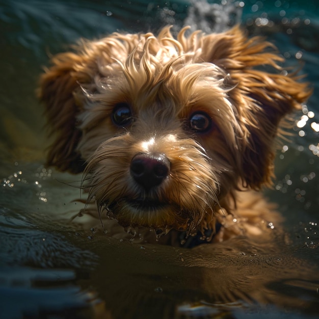 A dog is swimming in the water and is looking at the camera.