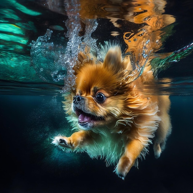 犬が水中を泳いでいて、カメラを見ています。