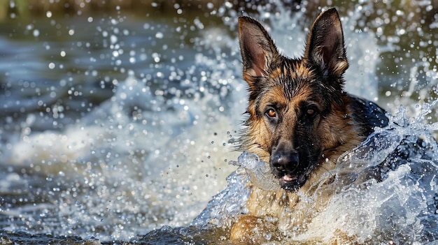 a dog is swimming in the water with bubbles
