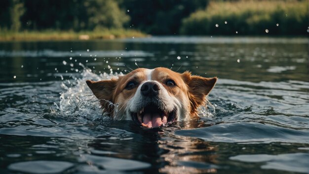 犬が口を開けて水の中で泳いでいます