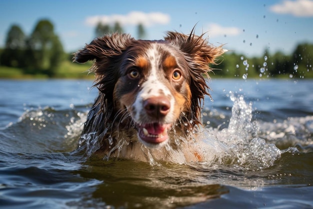 a dog is swimming in the water with his tongue out