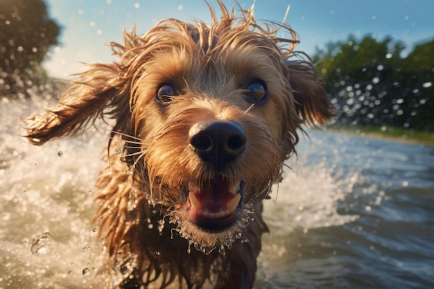 A dog is swimming in the water with his tongue out.