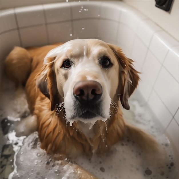 犬が泡をつけてお風呂に入っています。