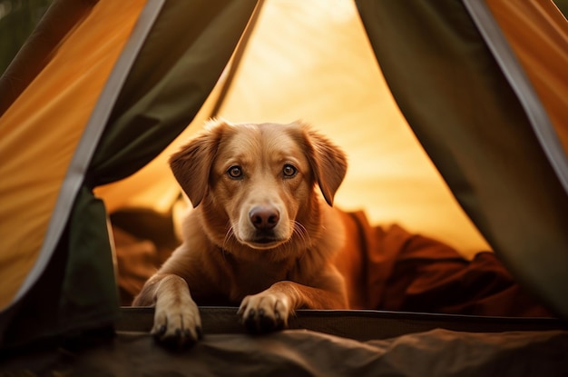 犬はテントの中にいて動物と一緒に旅をしている犬と一緒に歩いている