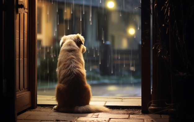 The dog is waiting for its owner in front of the house Generative AI