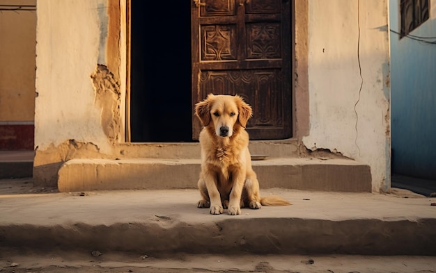 The dog is waiting for its owner in front of the house Generative AI