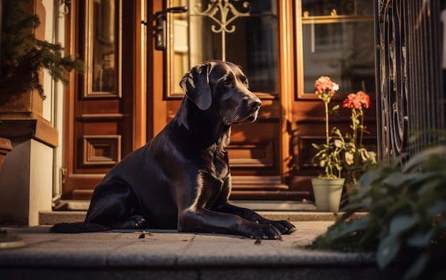 The dog is waiting for its owner in front of the house Generative AI