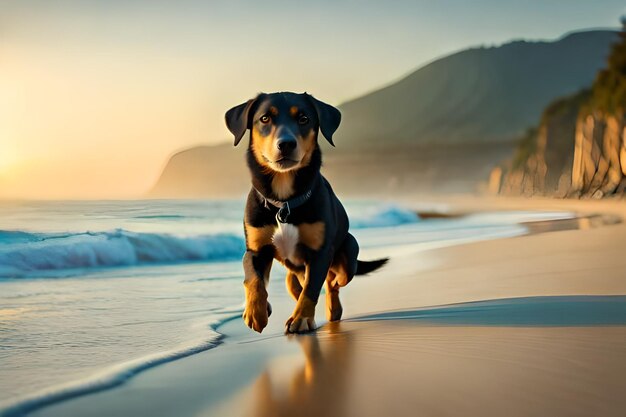 a dog is walking on the beach in the sunset.