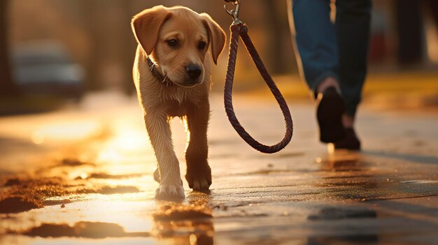 a dog is walking in water with a person walking on the sidewalk