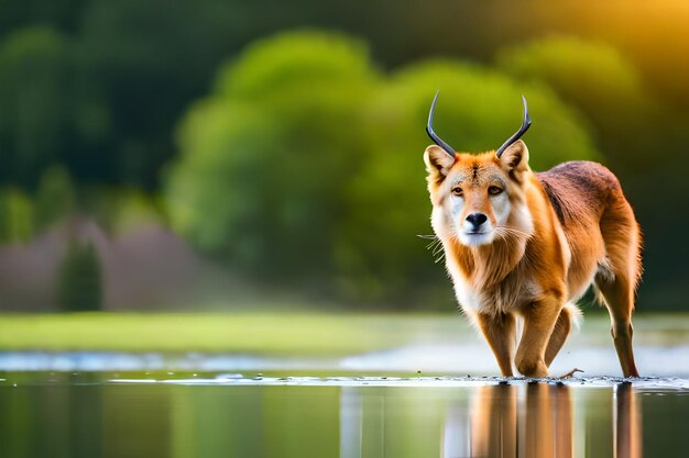 a dog is walking in the water with trees in the background