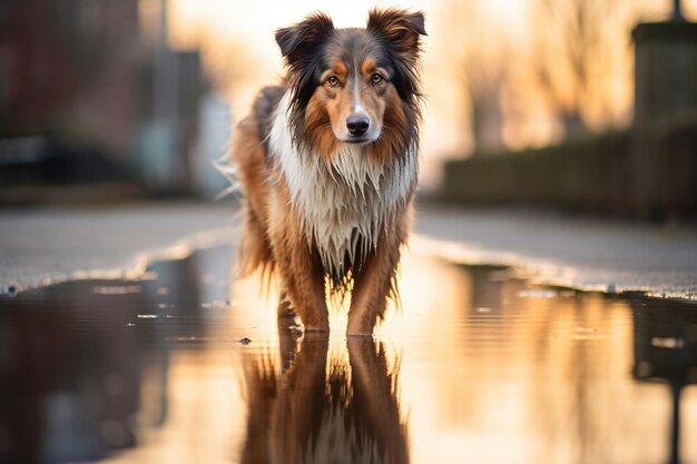 a dog is walking on a wet sidewalk