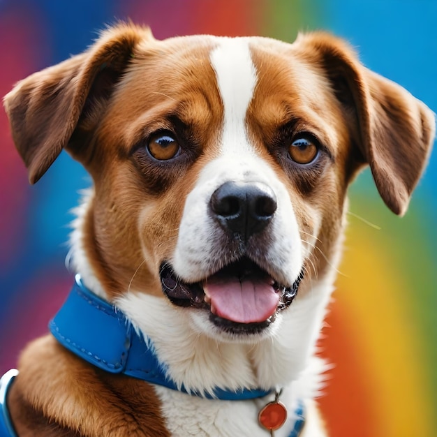 Photo dog is wearing a blue collar with a rainbow colored tag