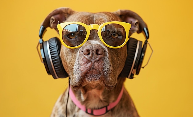 dog is wearing a pair of headphones yellow background