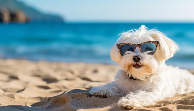 A dog is wearing sunglasses and laying on the beach