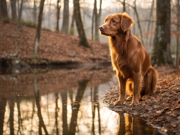 Photo dog and its reflection in a calm pond