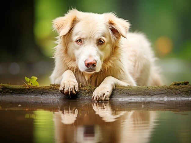 Dog and its reflection in a calm pond