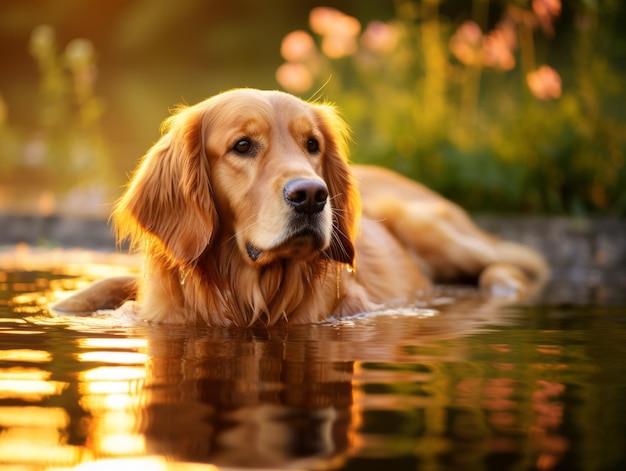 Dog and its reflection in a calm pond