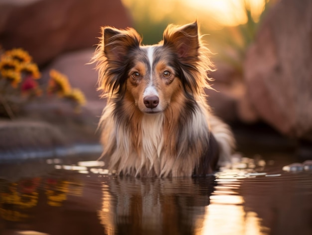 Dog and its reflection in a calm pond