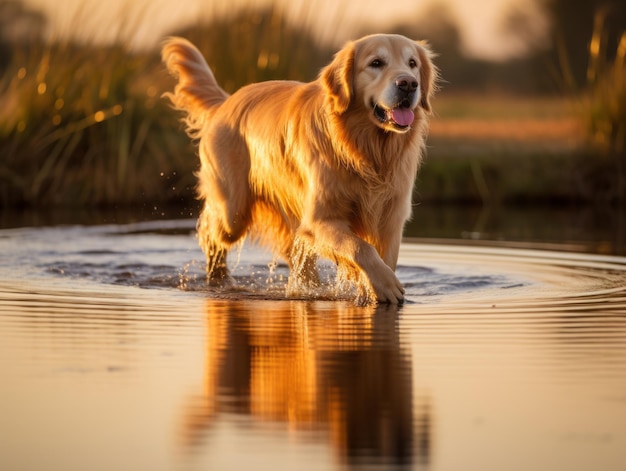 Photo dog and its reflection in a calm pond