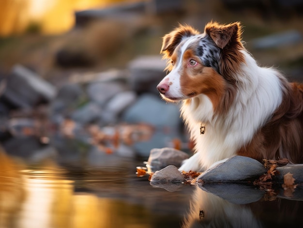 Dog and its reflection in a calm pond