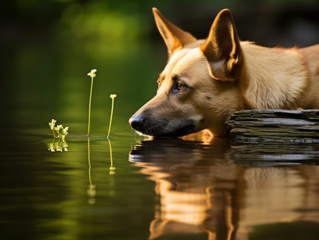 Dog and its reflection in a calm pond
