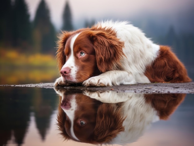 Dog and its reflection in a calm pond