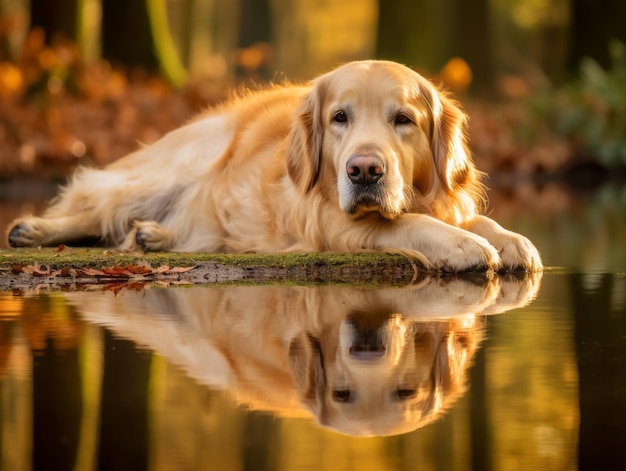 Dog and its reflection in a calm pond