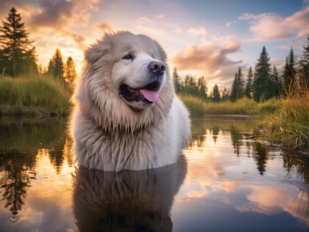 Photo dog and its reflection in a calm pond