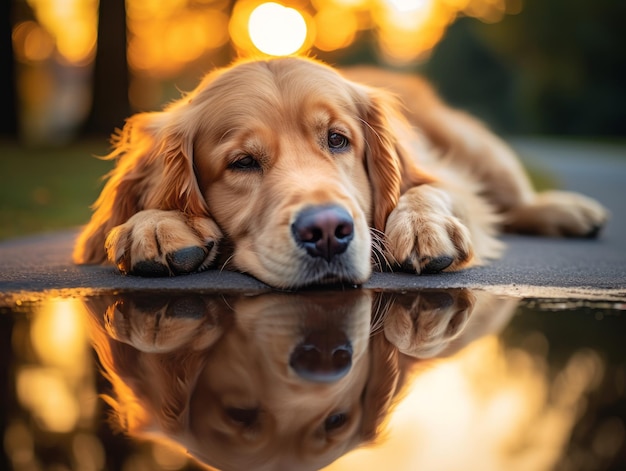 Foto cane e il suo riflesso in uno stagno calmo