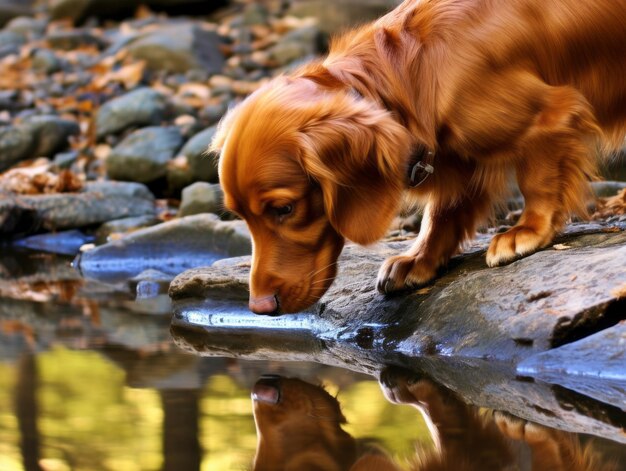 Foto cane e il suo riflesso in uno stagno calmo