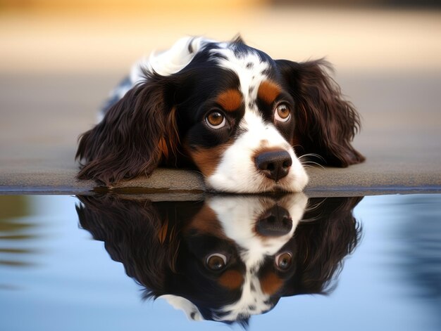 Photo dog and its reflection in a calm pond