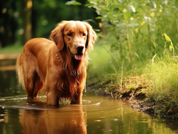 Dog and its reflection in a calm pond