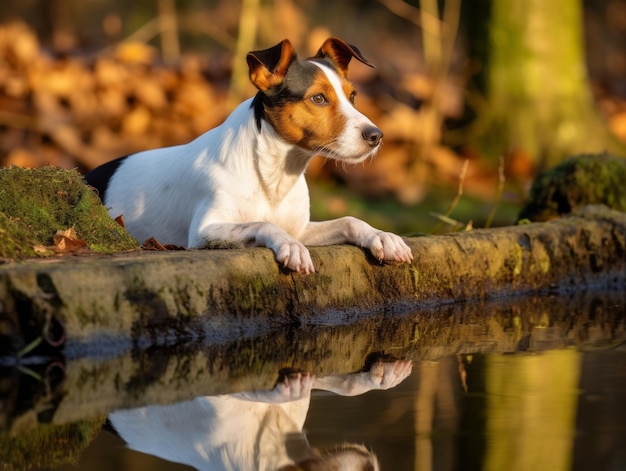 Foto cane e il suo riflesso in uno stagno calmo