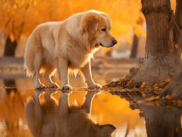 Dog and its reflection in a calm pond