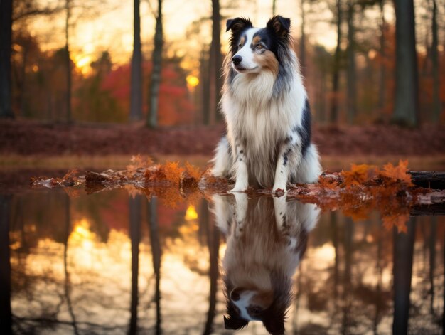 Dog and its reflection in a calm pond