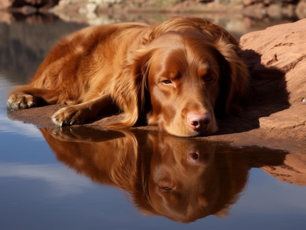 Foto cane e il suo riflesso in uno stagno calmo
