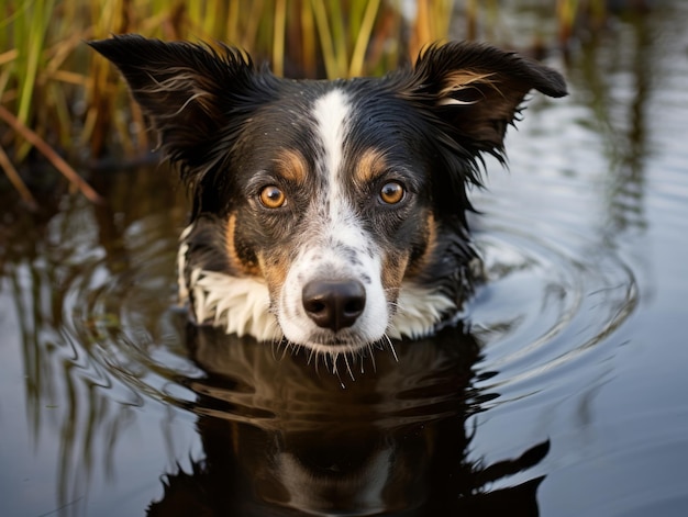 Dog and its reflection in a calm pond